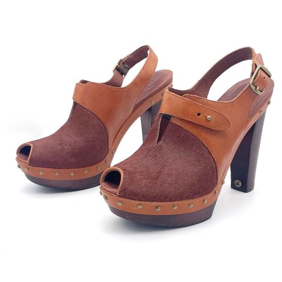 UGG Nicco Leather Calf Hair Platform Peep Toe Slingback Sandal Brown Size 8.5 - Picture 1 of 16
